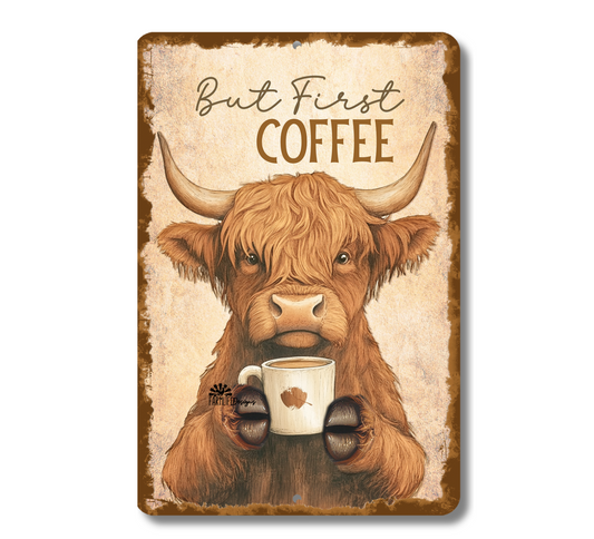 Highland Cow Coffee Bar Sign But First Coffee fluffy cows metal tin 2 sizes