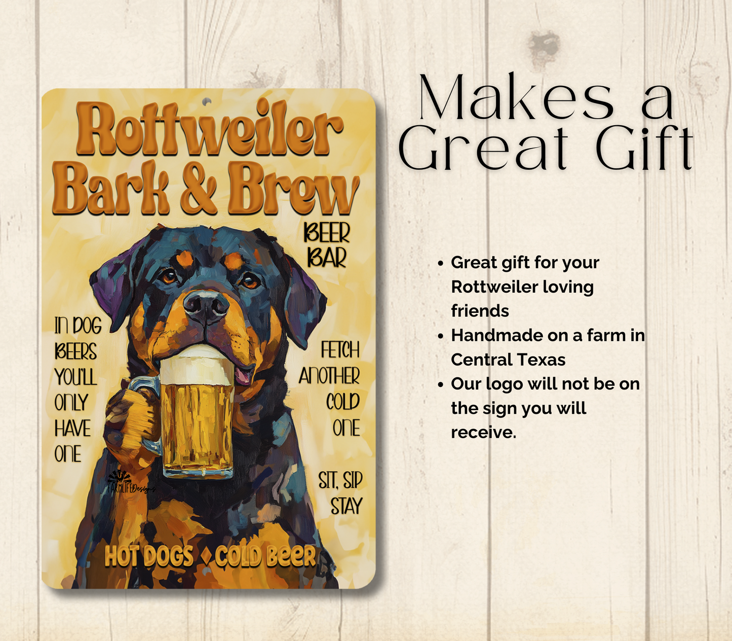 Rottweiler Beer Bar Sign, Bark and Brew pub metal tin dog wall art