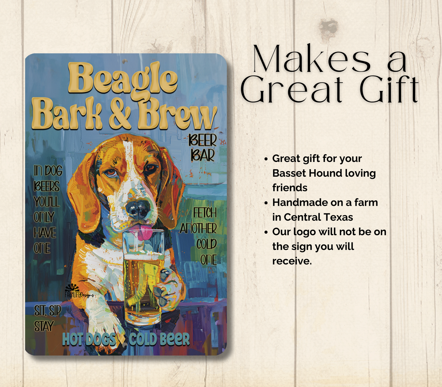 Beagle Beer Bar Sign, Bark and Brew pub metal tin dog wall art