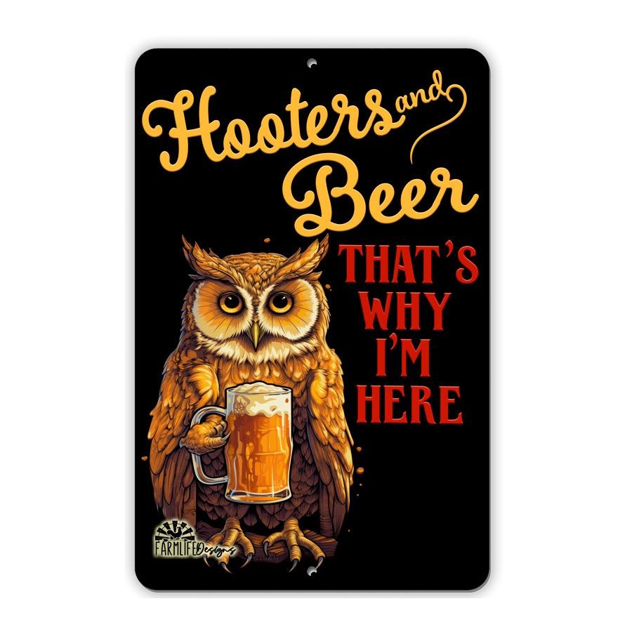 Owl sign - Hooters and Beer - That's Why I'm Here, funny man cave sign, aluminum, handmade 8x12