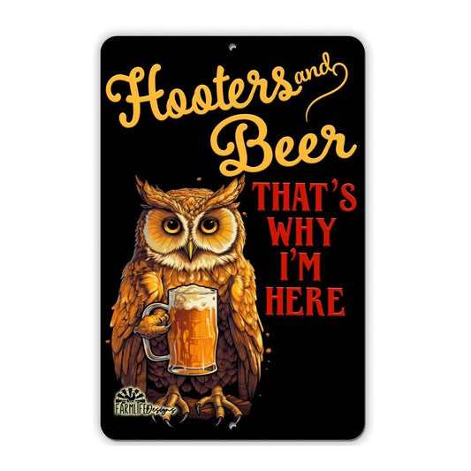 Owl sign - Hooters and Beer - That's Why I'm Here, funny man cave sign, aluminum, handmade 8x12