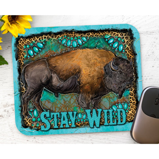 Buffalo Mousepad - Western Buffalo with turquoise Stay Wild, neoprene mouse pad