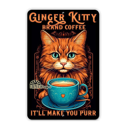 Ginger Kitty Coffee Cat with Coffee Cup advertising Sign 8x12 Aluminum bar sign