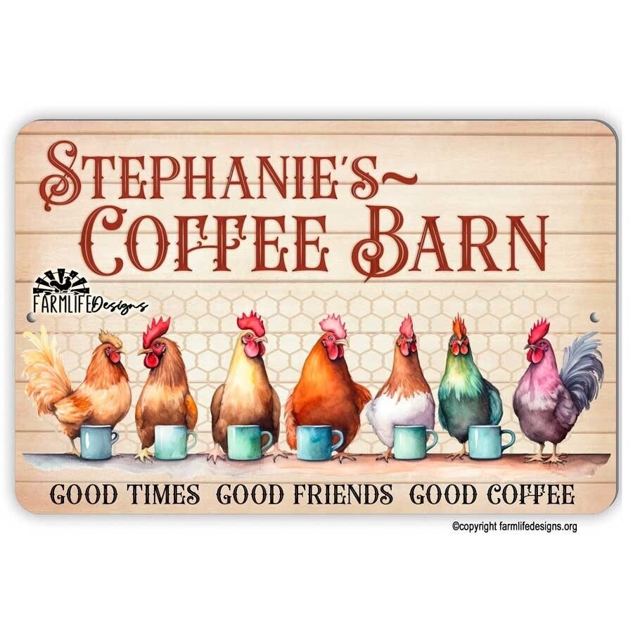 Coffee Bar Sign - Chickens drinking Coffee, Coffee Barn 12x8 Personalized