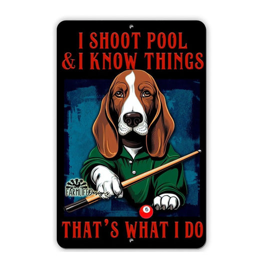 Basset Hound Billiards Sign 8"x12" Funny Handmade Bar Dog Shoots Pool Sign