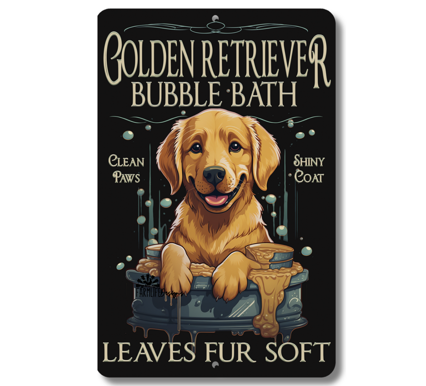 Golden Retriever Bubble Bath Sign, dog in bathtub bathroom decor