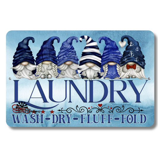 Gnome Laundry Sign, blue laundry room gnomes 12x8 aluminum