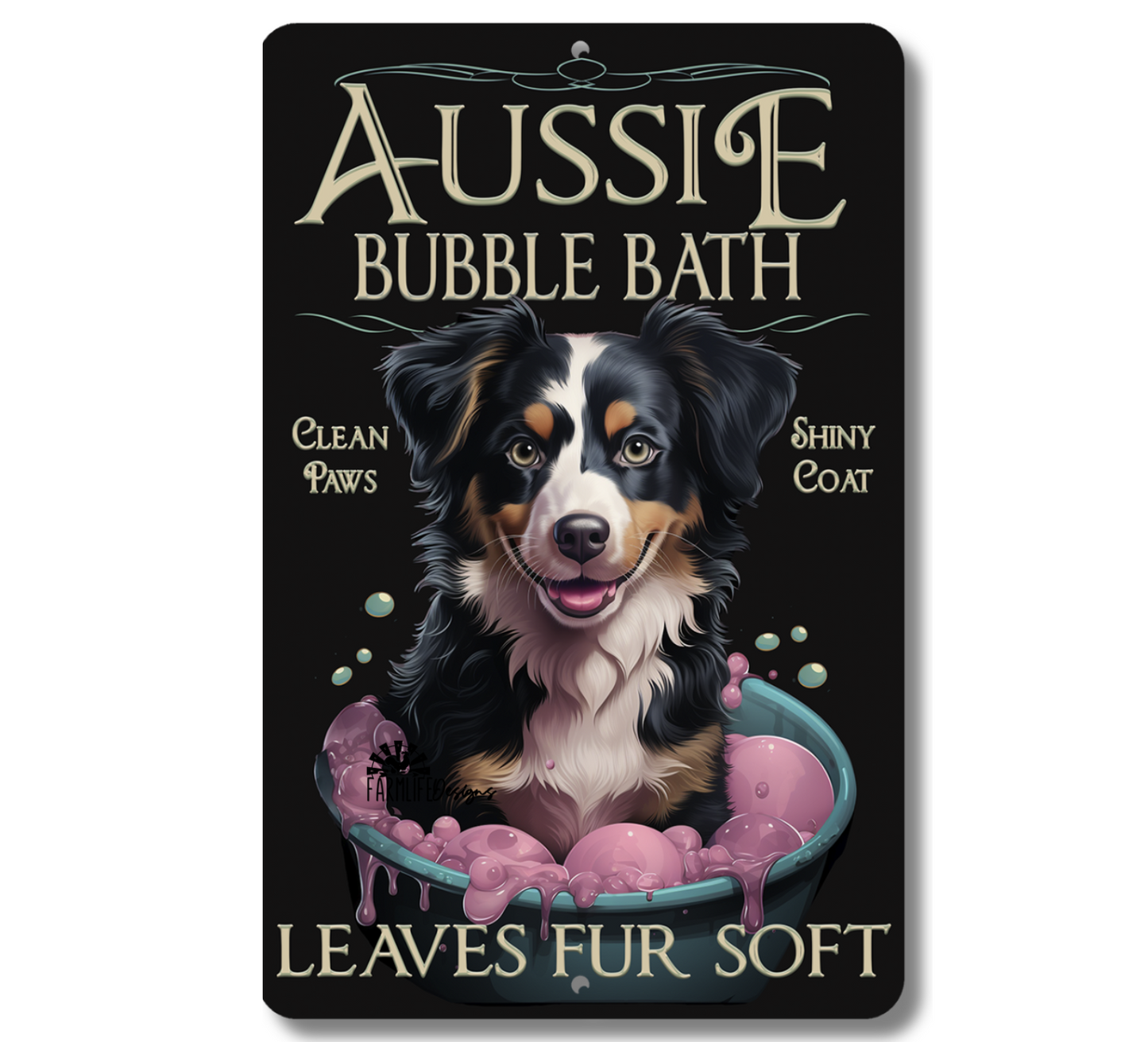 Australian Shepherd Bubble Bath, Aussie dog in bathtub bathroom sign