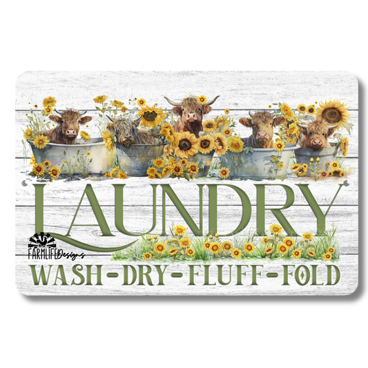 Highland Cow Laundry Sign, cows in tubs with Sunflowers  laundry room aluminum 12x8