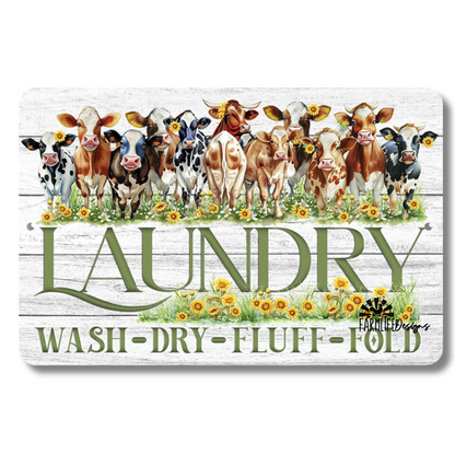 Cow Laundry Sign, herd of cows in sunflowers laundry room aluminum 12x8