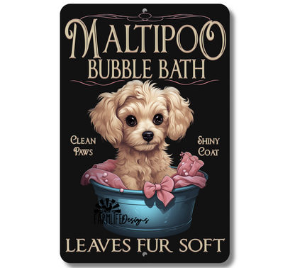 Maltipoo Bubble Bath bathroom dog in bath tub sign, 8x12, metal