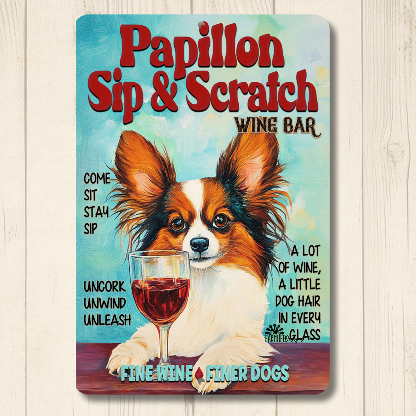 Papillon Wine Bar Sign Sip & Scratch Dog Metal Tin Wall Art