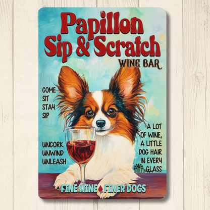 Papillon Wine Bar Sign Sip & Scratch Dog Metal Tin Wall Art