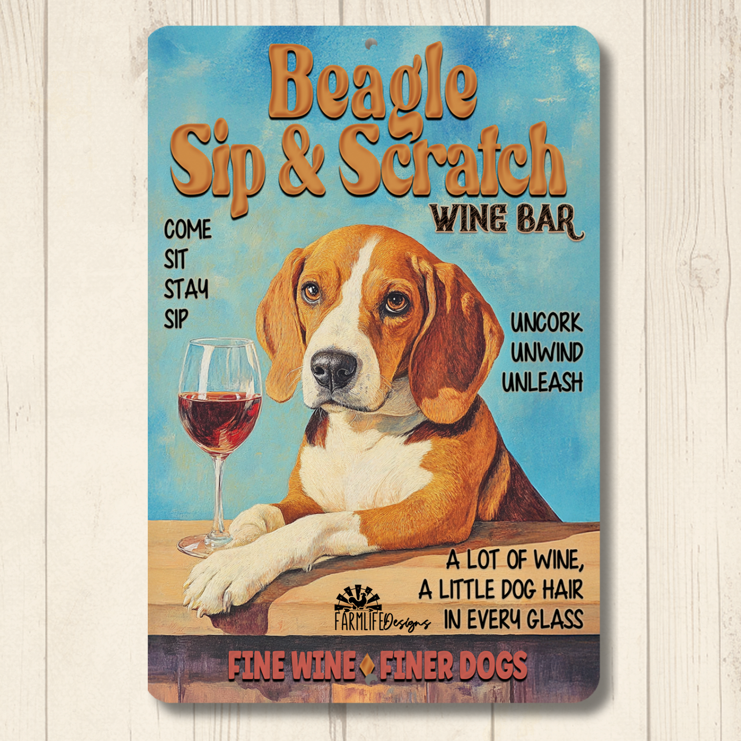 Beagle Wine Bar Sign, Sip & Scratch pub metal tin dog wall art