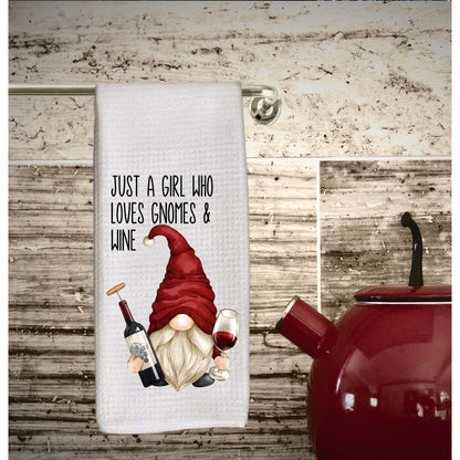 Wine dish towel, tea towel, just a girl who loves gnomes and wine