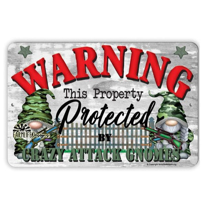 Attack Gnomes Sign | Warning Property Protected by Crazy Attack Gnome 12"x8"