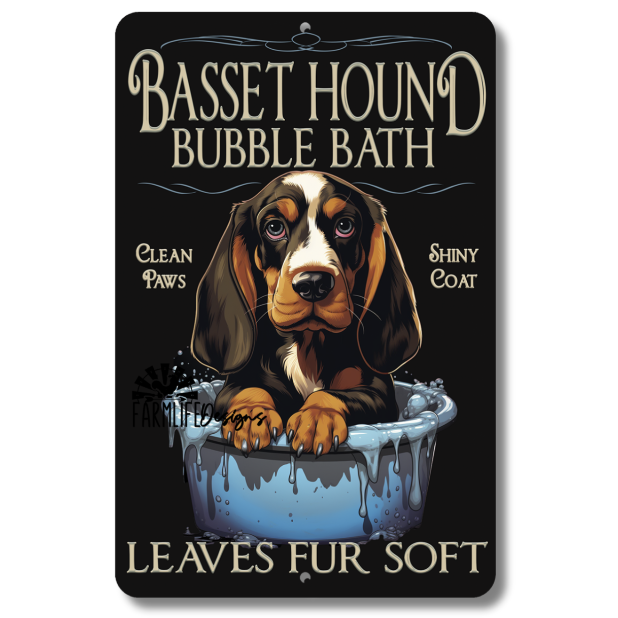 Basset Hound Bubble Bath bathroom dog in bath tub sign, 8x12, metal