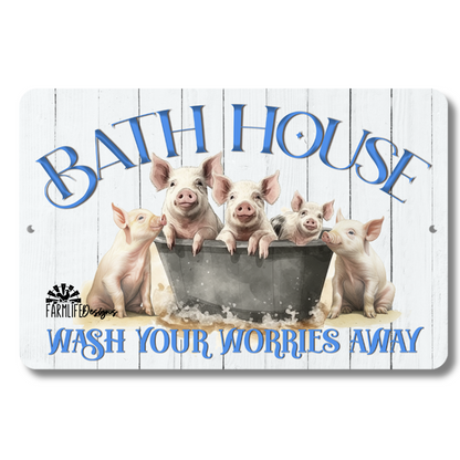 Pig Bathhouse Sign, Pigs in Bathtub, bathroom bath sign wall art