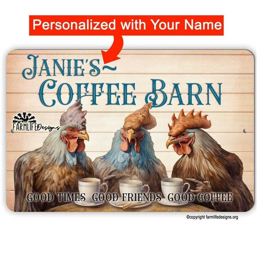 Coffee Bar Sign - Chickens drinking Coffee, Coffee Barn 12x8 Personalized