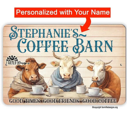 Coffee Bar Sign - Cows drinking Coffee, Coffee Barn 12x8 Personalized