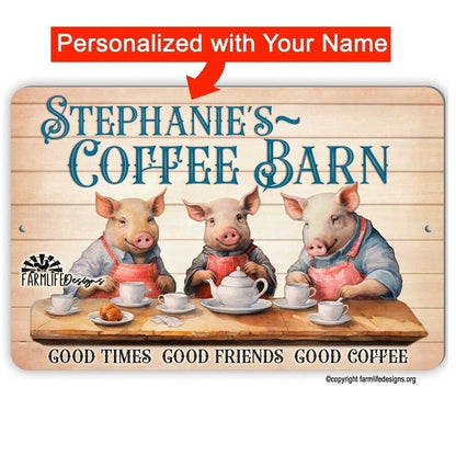 Coffee Bar Sign - Pigs drinking Coffee, Coffee Barn 12x8 Personalized