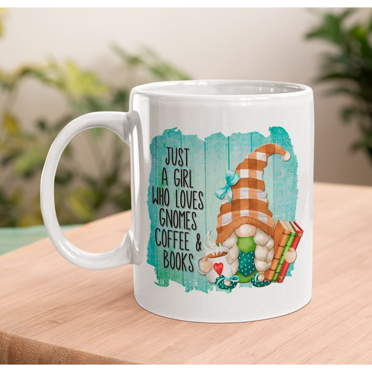 Gnome Coffee Mug - Just a Girl Who Loves Gnomes Coffee  Books, Turquoise, Gnome Lover Gift, Book Lover Gift