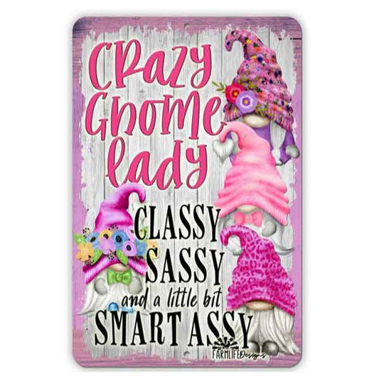 Crazy Gnome Lady Sign classy, sassy, smart assy with gnomes and gnomies 8x12 aluminum, gnome lover decor