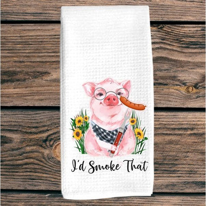 I'd Smoke That Dish Towel, tea, pig with sausage, barbecue, waffle weave