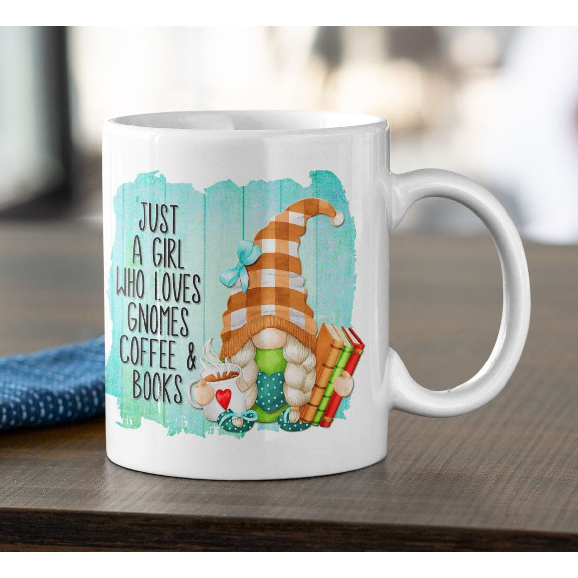 Gnome Coffee Mug - Just a Girl Who Loves Gnomes Coffee  Books, Turquoise, Gnome Lover Gift, Book Lover Gift