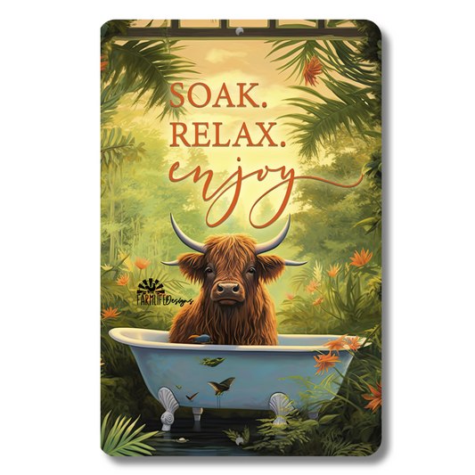 Highland Cow Bath Sign, Soak Relax Enjoy, cow in bathtub, bathroom sign