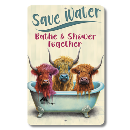 Highland Cow Bath Sign, Save Water Bathe & Shower Together, cows in bathtub, bathroom sign