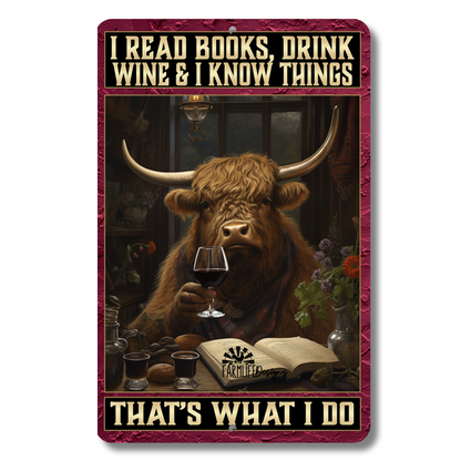 Highland Cow Sign, Read Books, Drink Wine, Know Things, funny 8x12 aluminum