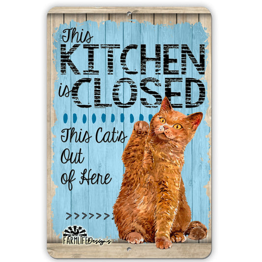 Cat Kitchen Closed Sign - This Cats Out of Here!  8x12 Aluminum orange tabby cat lover