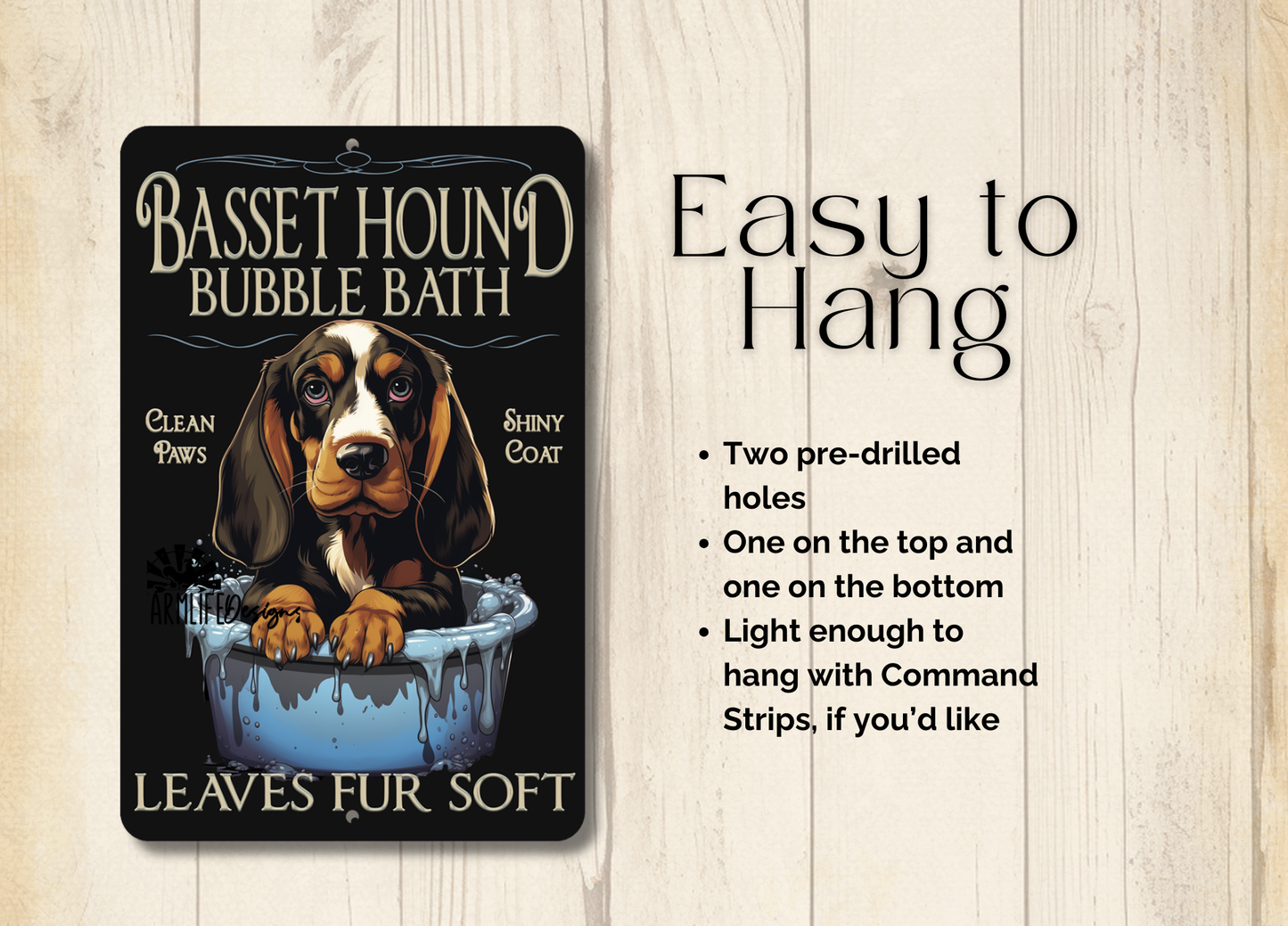 Basset Hound Bubble Bath bathroom dog in bath tub sign, 8x12, metal