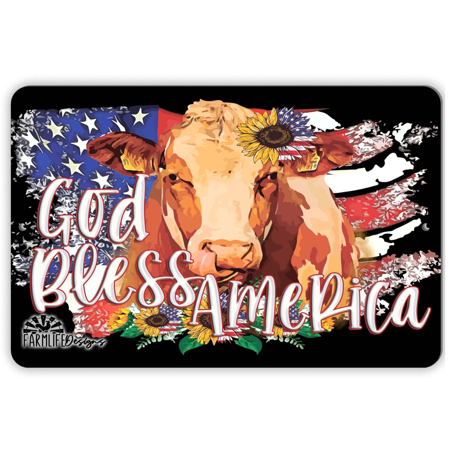 God Bless America Cow Sign | 12"x8" aluminum | cows bull Hereford American Flag