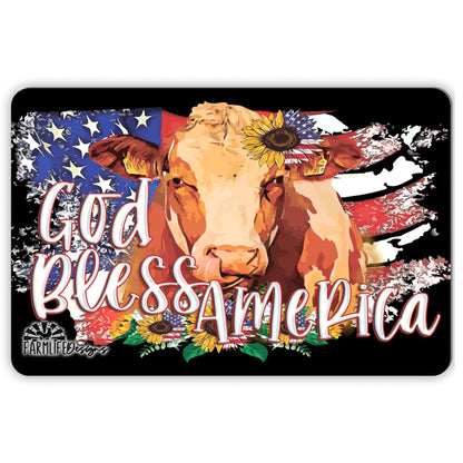 God Bless America Cow Sign | 12"x8" aluminum | cows bull Hereford American Flag