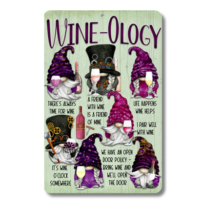 Gnome Wine Sign, Wineology, gnome wine sayings 8x12 metal