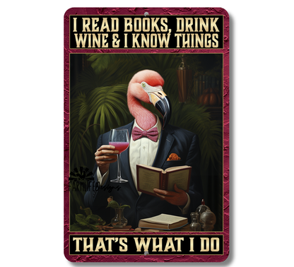 Flamingo Sign, Read Books, Drink Wine, Know Things, funny pink flamingos sign