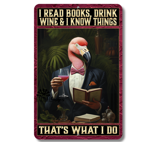 Flamingo Sign, Read Books, Drink Wine, Know Things, funny pink flamingos sign