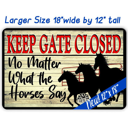 Keep Gate Closed No Matter What the Horses Say metal sign 18"x 12"