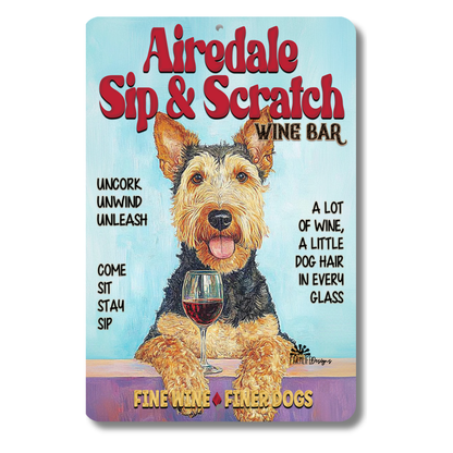 Airedale Wine Bar Sign Sip & Scratch Dog Metal Tin Wall Art