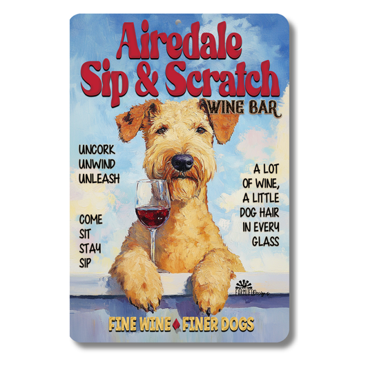 Airedale Wine Bar Sign Sip & Scratch Dog Metal Tin Wall Art