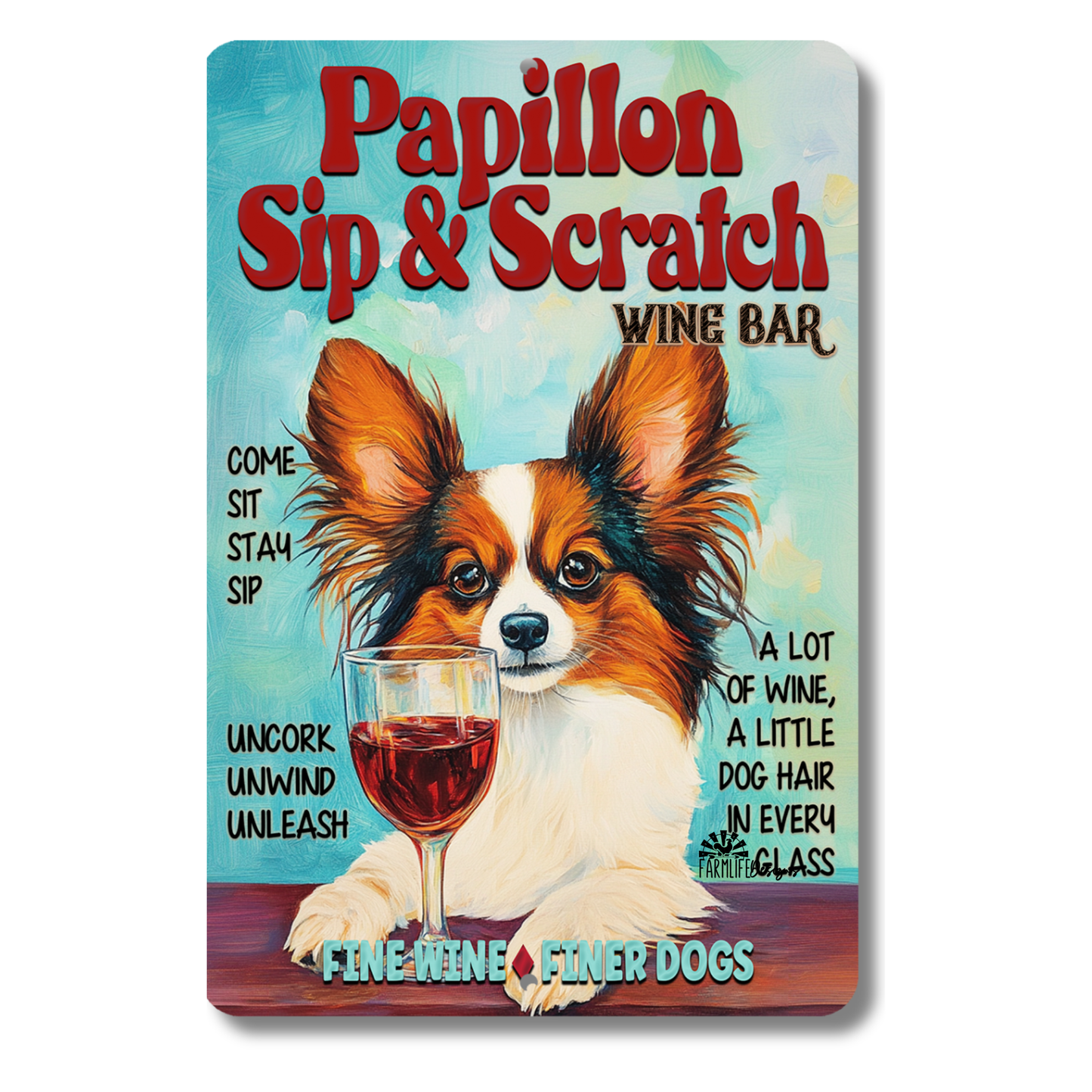 Papillon Wine Bar Sign Sip & Scratch Dog Metal Tin Wall Art