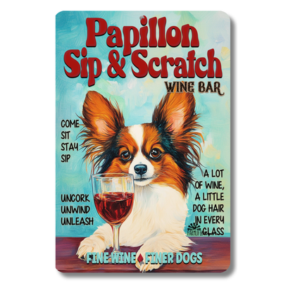 Papillon Wine Bar Sign Sip & Scratch Dog Metal Tin Wall Art