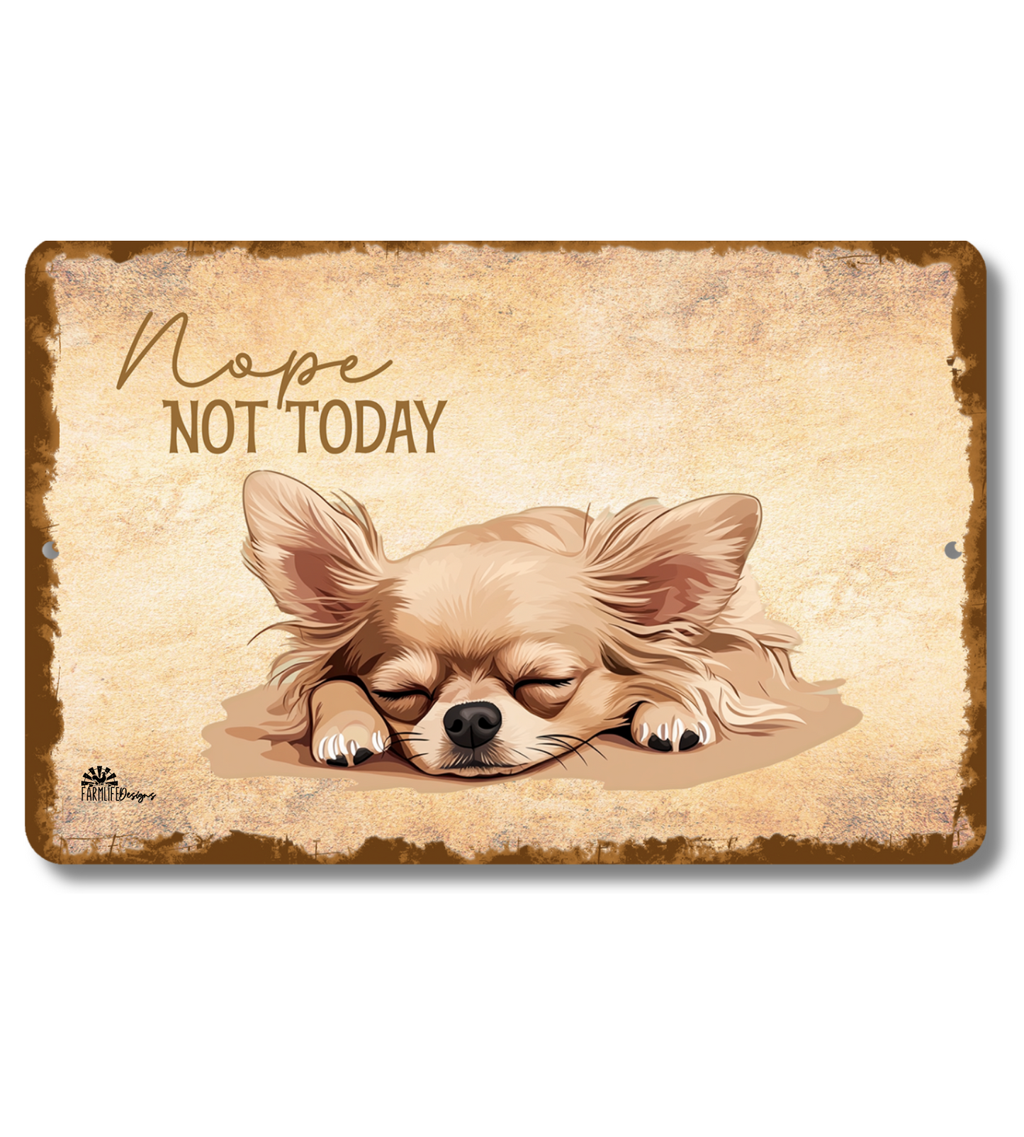 Vintage-style sign with a dog illustration and 'Nope Not Today' text on a beige background.