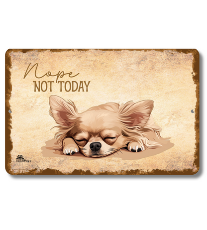 Vintage-style sign with a dog illustration and 'Nope Not Today' text on a beige background.