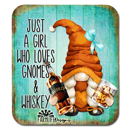 Whiskey Gnome | Just a Girl Who Loves Gnomes and Whiskey - teal  | 4"x4.5" aluminum magnet | gnomies bourbon drinker gnomes