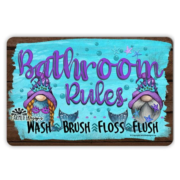 Mermaid Gnomes Sign | Bathroom Rules | Gnome Mermaid Bath Sign 12"x8"