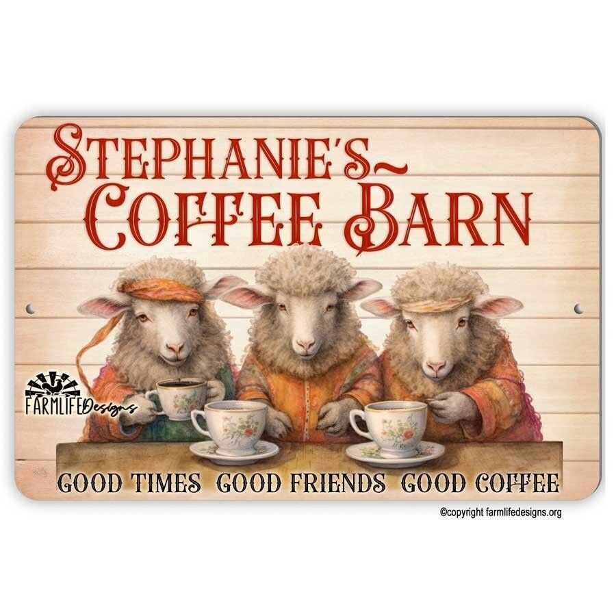 Coffee Bar Sign - Sheep drinking Coffee, Coffee Barn 12x8 Personalized