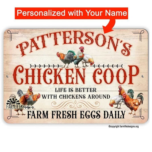 Personalized Chicken Coop Sign - with your name city & state, aluminum 12"x8"